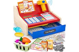 maysida Cassa Giocattolo in Legno con Scanner e Suoni per Bambini 3-5 Anni, Set Negozio con Monete, Carte, Carrello e Cibo Natale o Compleanno (Rosso)