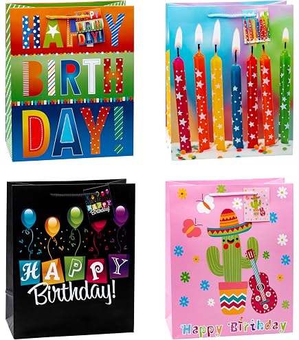 Sacs Cadeaux d'Anniversaire de Taille Moyenne avec du Papier de Soie, 4 Sacs Cadeaux d'Anniversaire de Taille Moyenne avec du Papier de Soie, 4