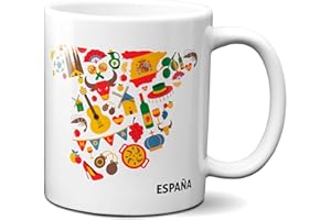 Planetacase - Taza España - Souvenir Mapa de España - Regalo Recuerdo - Diseño Cerámico Resistente - Taza Desayuno Apta para Microondas y Lavavajillas - 330 mL, Mapa Typical Spain, Cerámica