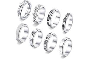 Paffartt 8PCS Anxiety Ring for Women Spinner Relief Stainless Steel Relieving Stress Moon Star Sand Blast Finish Fidget Toy Set