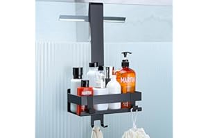 Cooeco Mensola Doccia da Appendere Nero in Acciaio Inox - Portaoggetti Doccia con Gancio per Porte in Vetro Spessore Fino a 12mm - Resistente alla Ruggine -Nero - Facile da Installare