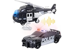 DAZMERS Friction Powered Emergency Vehicle Toys Set - Police Car & Helicopter with Lights & Sounds, for Toddlers & Boys