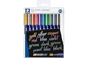 ‎STAEDTLER STAEDTLER metallic calligraphy Marker mit Kalligrafie-Spitze, Lininenbreite 2,8 mm, deckend auf hellem und dunklem Papier, leicht abwischbar von glatten Oberflächen, 10 Marker im Etui, 8325 TB10