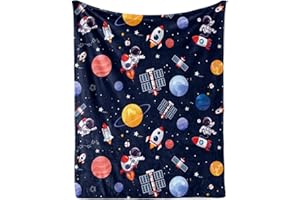 LINGQIANG Space Theme Throw Blanket for Boys, Cozy Outer Space Rocket Planet Fluffy Flannel Blanket Gift for Kids, 100 x 130 cm Soft Warm Navy Blue Astronaut Galaxy Planet Blanket for Toddler Sofa Bed Couch