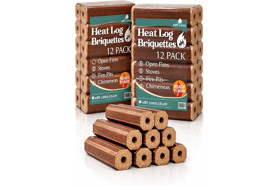 24 High Energy Hot A1 Compressed Firewood Logs (2x12)10kg Hot Burning Briquettes for Open fires, charcoal & kiln dried log, Wood Stoves, BBQ's, Log Burners, Camping Fires, Fire Pits (2x10kg Pack)