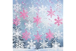 PEDEL 20Pcs Winter Snowflake Hanging Swirl Decorations, Christmas Snowflakes Ceiling Streamers Pink Sliver Snowflake Hanging Decorations for Christmas Winter Wonderland Frozen Party Supplies