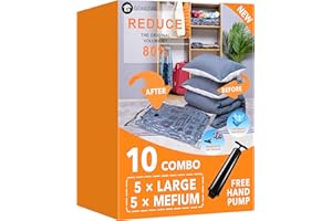 GONGSHI 10 Pack Vacuum Storage Bags (5 x Large, 5 x Medium), Space Saver Sealer Compression Bags with Travel Hand Pump for Blankets, Comforters, Pillows, Clothes Storage