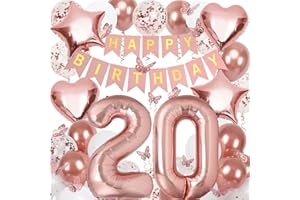 NELOTAOR 20th Birthday Decorations for Girls, Rose Gold 40 Inch Number 20 Foil Birthday Balloons with Happy Birthday Banner and Butterfly Stickers