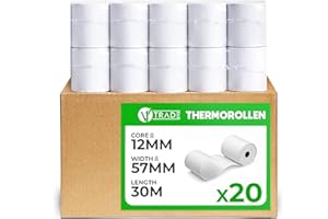 V1 Trade Rotoli termici da 57 mm x 30 m x 12 mm (20 pezzi) – Rotoli di carta termica da 57 mm per registratore di cassa, rotoli di carta termica da 42 g/ m2