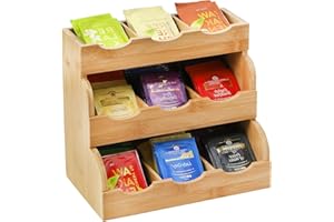 Lyellfe Tea Bag Organizer, Vertical Bamboo Tea Bag Holder, Tea Bag Tray Caddy to Hold 180 Tea Bags, 3 Tier Rustic Coffee Condiment Holder Storage Caddy for Home, Office or Café, 9 Compartments