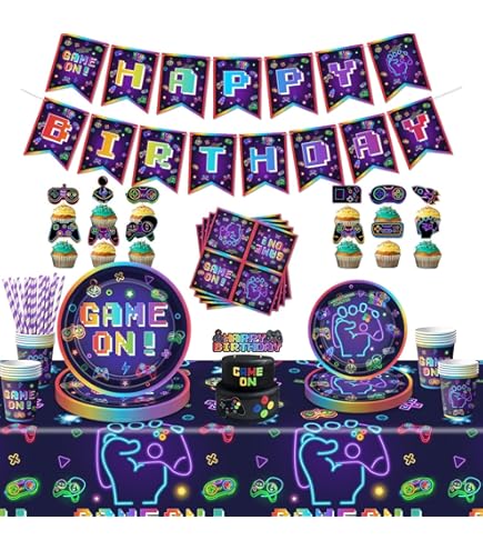 Set van 61 stuks speelset voor verjaardagsfeestje, videogame-feestdecoraties, spel themafeest, servies bevat borden, papieren servetten, kopjes, tafelkleden, voor 20 personen