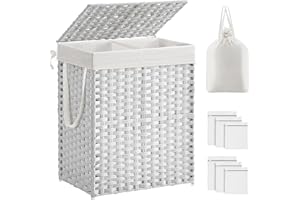 SONGMICS Cesto de Ropa Sucia con Tapa, Cesta Ropa Sucia 90 L, 2 Compartimentos, Bolsa Extraíble con Asas, Tejido a Mano, para Dormitorio, Baño, Lavandería, 33 x 46 x 60 cm, Blanco LCB251W01V1