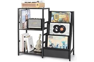 Bikoney Record Player Stand, End Table with 3-Tier Vinyl Record Storage, Record Player Table Up to 200 Albums, Turntable Stand for Vinyl Records, Vinyl Record Holder Cabinet for Living Room (Black)