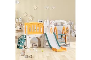 ‎HAINEW 7 in 1 Kinderrutsche Indoor und Outdoor für ab 1-5 Jahr, Kinder Spielplatz mit Rutsche, Schaukel, Plattform, Unterschrank, Lochbohrspiel, Basketballkorb und Treppe, Gartenrutsche (Grün+Orange)