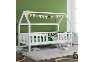 Moimhear - Lettino per bambini a forma di casetta con camino, 90 x 200 cm, in legno di pino (bianco)