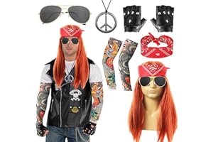 HEARTSKING 8 Pcs Rockstar Fancy Dress, Glam 80s 90s Men Costume Outfit with Heavy Metal Wigs Vintage Headband Sunglasses Gloves Tattoo Sleeves Necklaces Rock Hard Rocker Accessories World Book Day Costumes