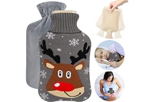 Wärmflasche mit bezug, FRECOO Wärmekissen 2 Liter mit Strickbezug Rollkragen Wärmekissen,Weiche Flaum Wärmeflasche, Frei Von Schadstoffen, Wärmflaschen für Kinder, Babys, Erwachsene （Hirsche）