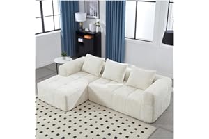 Wyibwy Divano moderno componibile, divano a L, divano a 3 posti con chaise longue e braccioli, 3 cuscini, tasca laterale per telecomando, divani in ciniglia, Beige