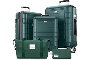 SHOWKOO Set de 5 Valise Rigide de Voyage Légère PC+ABS Extensible Durable Trolley Sets de Bagages Cabine avec Trousse de Toilette et Sacs de Voyage, Verte