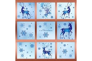 Roontin 5 hojas de pegatinas estáticas de copo de nieve en azul para Feliz Navidad - Renos y copos de nieve decoraciones de ventana