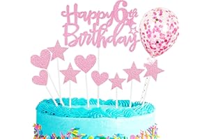 Zayin Personalised Happy 6th Birthday Cake Topper Set,Happy Birthday Sign for Cake,11p Glitter Balloon Stars Heart Cupcake Topper 6th Birthday Cake Party Decoration(6 year old, Pink)