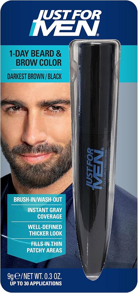 Just for Men 1-Day Beard & Brow Color, Temporary Color for Beard and Eyebrows, For a Fuller, Well-Defined Look, Up to 30 Applications, Darkest Brown/Black