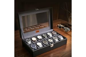 LEDO Men's and Women's Watch Box Holder Organizer Case In 12 Slots of watches In PU Leather with Black & Gray