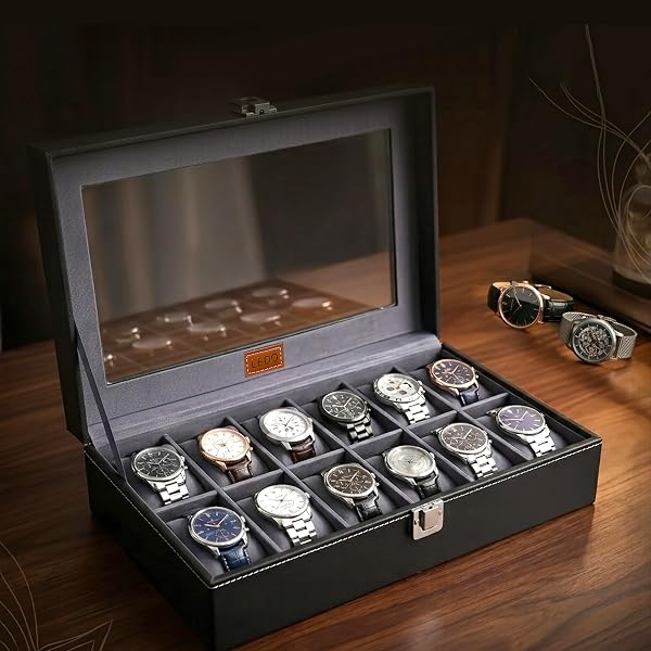 LEDO Men's and Women's Watch Box Holder Organizer Case In 12 Slots of watches In PU Leather with Black & Gray