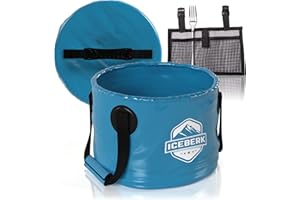 ICEBERK | Secchio pieghevole con coperchio e borsa a rete - 15L | Secchio portatile per esterni - impermeabile, robusto e salvaspazio | Bacinella per lavaggio e stoccaggio da campeggio in PVC