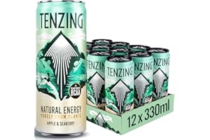 TENZING Natural Energy Drink, Plant Based, Vegan, & Gluten Free, +BCAA, Apple & Seaberry, 330ml (Pack of 12) - Packaging may vary