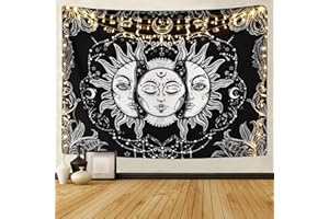 YEREASH Rui Xin Trade Sun and Moon Tapestry Burning Sun with Star Psychedelic Black and White Hippie Wall Hanging for Home Bedroom (51.2 * 59.1 inches/130 * 150cm)