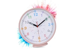 LATENO - Wanduhr Kinder Rosa - zum Aufstellen oder Aufhängen - 25 cm - Analoge Kinderwanduhr für Jungen & Mädchen - Lernuhr Kinder ohne Tickgeräusche - Wanduhr Kinderzimmer lautlos - Uhr Kinderzimmer