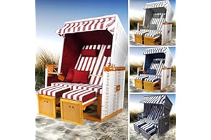 BRAST Corbeille de plage mer Baltique Norderney 150x120x73cm 2 places, osier en poly rotin/bois imperméable convient à tous les balcons trés confortable - Strandkorb - blanc/rouge rayée