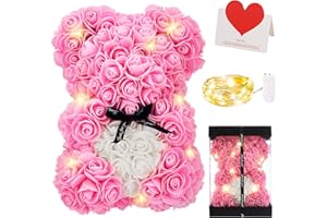 Zodight Ours en Rose, Rose Bear Teddy Flower avec Lumières, Meilleur Cadeau pour la Saint-Valentin, Anniversaire, Fête des Mères, Anniversaires, Compris Boîte-Cadeau Transparente et Carte d'amour