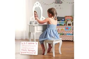 ‎RUNESOL Runesol Weiß Schminktisch mit Spiegel und Hocker für Kinder (3-7 Jahre), Hocker Schminktisch Mädchen, Kindertisch Schminktische, Frisierkommode Holz mit 3 Fächern, Kristallknöpfen