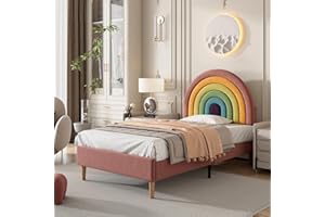 Jovify 3ft Single Bed Frame, Upholstered Platform Bed with Adjustable Rainbow Headboard, Sturdy Wooden Slat Support/No Box Spring Needed, Youth Beds for Adults Kids Teenagers, Velvet, Pink, 90x190 cm