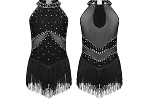Xnihocha Kids Girls Sparkly Fringed Latin Dance Dress Tassel Gymnastics Leotard Bodysuit Modern Dance Costume