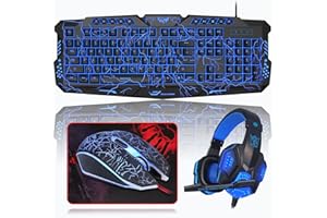 Rewurnth Gaming Keyboard and Mouse Set with Headset, UK Layout, Crack Backlit Wired Keyboard, 4 Color LED Gaming Mouse, Over-Ear Headphones, Large Mousepad, All in One Bundle for PC Mac PS5 Xbox