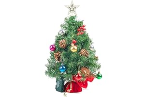 Joiedomi Árbol de Navidad de mesa iluminado de 58,4 cm con luces multicolores, bayas de acebo, piñas, estrella en la parte superior y adornos, decoración festiva