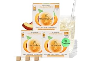 WATERDROP MICRODRINK waterdrop® Thé Glacé Pêche, 36 cubes d'Ice Tea Sans Sucre, Saveur Thé Noir + Pêche, Pastilles d'eau aromatisées pour boissons, Extraits naturels de fruits et de plantes, Enrichi en vitamines