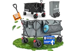 HAINBAUR® Bollerwagen Faltbar mit Seitentasche [NEU 2024] XXL Handwagen 220L 80KG, Breite Gelände Reifen mit Bremsen, Kein Aufbau, Strandwagen Gartenwagen Festival Ausflug mit Kinder - Farbe wählen