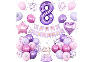 VIBZOX 8th Birthday Decorations for Girl,Pink Purple 8th Butterfly Party Decorations 8 Birthday Balloons Pink Purple Banner Number 8 Balloons Cake Topper Butterfly Party Supplies for Girls