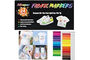 ABSUPER Fabric Permanent Marker Pens for Clothes, 24 Colours Fabric Pens, Machine Washable Markers for White T-Shirt Design Canvas Bags Shoes, Fabric Paint Pen Arts and Crafts for Adults, Kids Gift