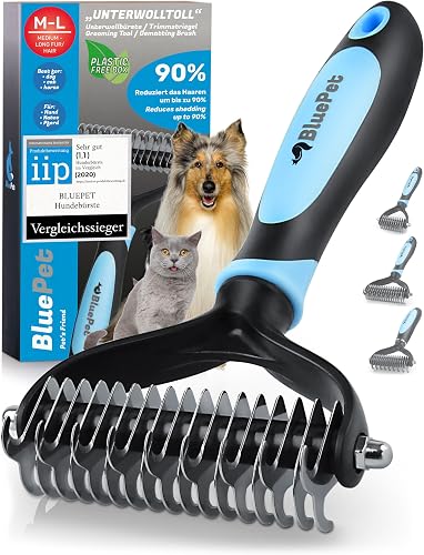BluePet® Undercoat Dog Brush and Cat Brush for Long Hair, Undercoat Comb Removes Undercoat and Tangles, Massage Effect and Top Hair Protection, Coat Brush
