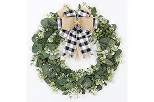 ‎DREMISLAND Dremisland Eukalyptus Türkranz Sommer Grün Künstliche Türkranz Girlande Kranz mit Karierter Schleife Kunstpflanze Dekorativer Tischkranz Wandkranz für Veranda Bauernhaus Garten Deko