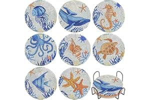 SOEWIOU Diamond Painting Coasters with Holder, 8 Pcs DIY Marine Organism Glass Art Coasters, Round Full Drill Diamond Art Craft Supplies for Adults & Kids, Beginners