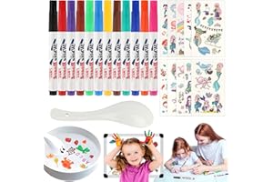 AILUYA 12 Piezas Rotuladores Mágicos de Tinta Flotante, Rotuladores Agua Magicos Creativos, Rotuladores de Agua Lavables, Rotuladores Mágicos con Cuchara y 10 Tatuajes de Sirenas para Dibujar