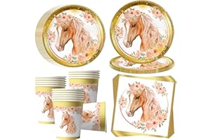 OMZSXK Pferd Partygeschirr für 16 Gäste, Pferde Partyteller Geburtstag Geschirr, Pferd Pappteller Becher Servietten Kindergeburtstag Deko Jungen Mädchen