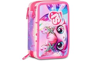 SJ GANG STYLE JAM GANG Astuccio Scuola 3 Zip Cat Led, Rosa, Portapenne Triplo Scomparto Completo Di Penne, Matite, Colori, Accessori Zaino, Scuola Elementare, Bambina
