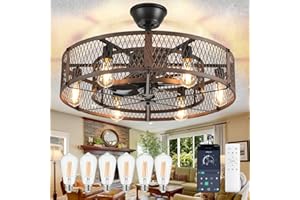 DINGLILIGHTING Ventilateur de plafond avec cage et éclairage: ventilateur rustique de 26 pouces avec éclairage et commande via application - Moteur CC silencieux noyer pour chambre à coucher ou cuisine